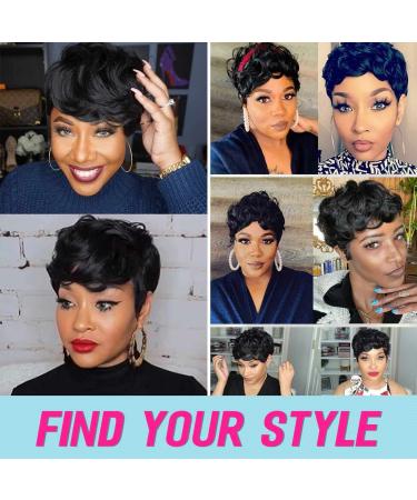 Flandi Short Curly Pixie Wig for Black Women - Synthetic Hair Short Wavy Pixie Cut with Bangs in Natual Black (1B#) - Buy Online on GoSupps.com