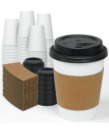 Ginkgo 100 Pack 12 oz Disposable Thickened Paper Coffee Cups with Lids and Sleeves To Go Hot Coffee Cups for Home Office Wedding and Cafes White Brown Black