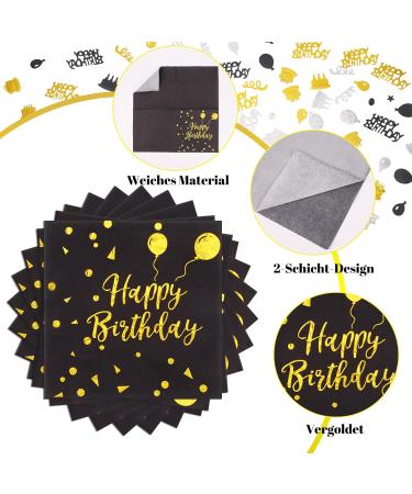 Altcompluser 60 Black Gold Birthday Napkins | 33x33cm Happy Birthday with Confetti - Perfect Party Decoration | International Shipping Available - Buy Online on GoSupps.com
