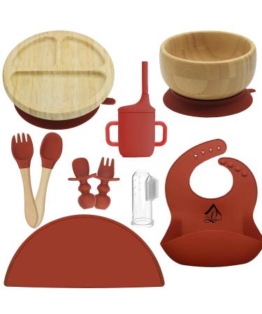 Baby Luxe 10 Piece Bamboo Weaning Set + Free Teething Toothbrush. Divided Suction Plate High Sided Bowl Sippy Cup Adjustable Bib Mat Spoon Fork Kids Cutlery. Self Feeding Tableware Brick Red