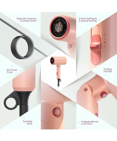 Pretfy 2000W Travel Hair Dryer with Diffuser - Lightweight Ionic Blow Dryer | 2 Speeds & 3 Heat Settings - Pink - Buy Online on GoSupps.com