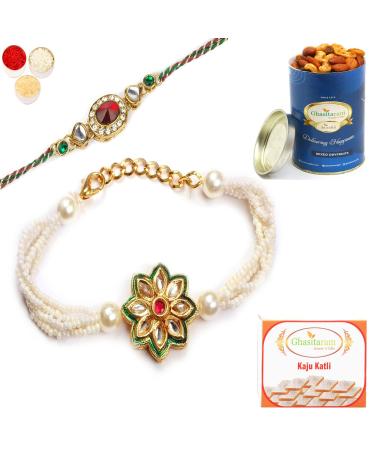 Ghasitaram Gifts Rakhis Online - Rakhi for Brother-T-13 Bhaiya Bhabhi Rakhi with 100 GMS of Dryfruits Mix Can 200 GMS of Kaju katli Rakhi Set & 100g Dryfruits Mix Can 200g Kaju katli