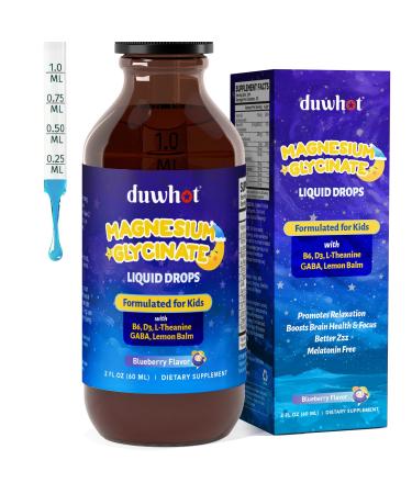 duwhot Kids Magnesium Liquid Drops Magnesium Glycinate 100 mg Supplement with L-Theanine GABA Vitamin B6 D3 for Sleep & Relaxation Melatonin Free Sugar Free 2 Fl Oz