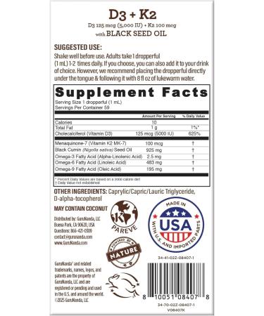 GuruNanda Black Seed Oil Cold-Pressed Nigella Sativa - Rich in Vitamin D3 5000 Units K2 & E High Thymoquinone | Potent Antioxidant for Immune Support Non-GMO 2 Fl.oz 2 Fl Oz (Pack of 1) Seed Oil - Buy Online on GoSupps.com