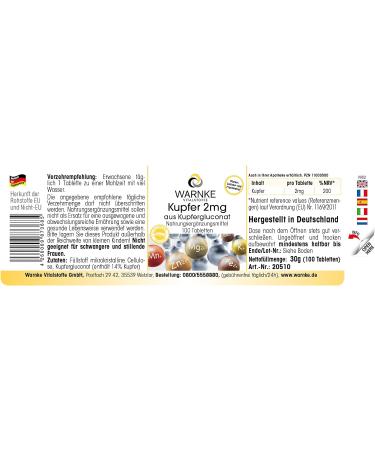 Copper 2mg Vegan Tablets - 100 Count | Copper Gluconate Supplement Without Magnesium Stearate by Warnke Vitalstoffe - Buy Online on GoSupps.com