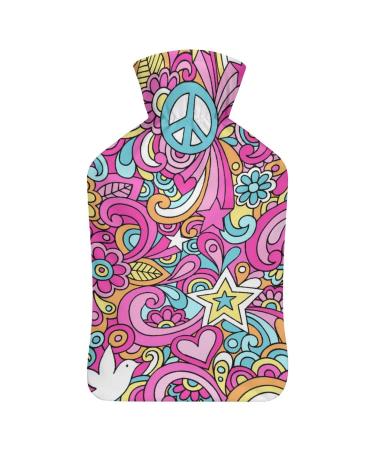 Love and Peace Hot Water Bottle with Cover Plush Bed Bottle Hand Warmer for Adults and Children 26.5X15.3cm