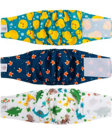 Cutebone Male Washable Dog Diapers - 3 Pack Reusable Belly Bands for Male Dogs | High-Suction Comfortable Fit | Flexible Velcro | XS (23-28cm) - Duck Dino & Fox Designs - Buy Online on GoSupps.com