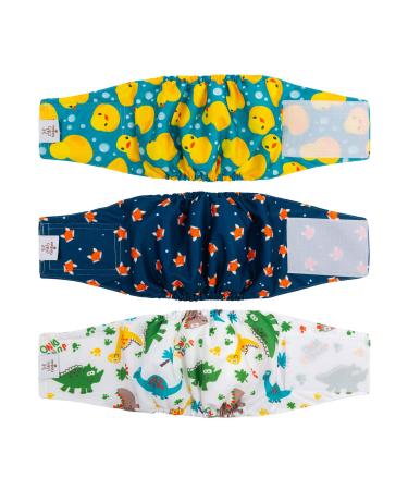 Cutebone male washable dog diapers belly bands 3 pieces reusable dog belly band for male high-suction dog wraps with flexible Velcro fastener duck & dino & fox XS (23-28cm)