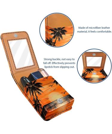 Leather Lipstick Case Organizer with Mirror - Mini Lip Gloss Holder Bag | Tropical Sea Beach Sunset Design - Buy Online on GoSupps.com