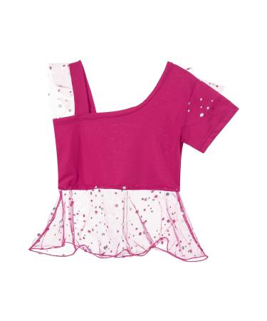 Loloda Kids Girls Sequins Rhinestone Single Short Sleeve Crop Tops Yoga Gymnastics Ballet Dance Active Tank Top Hot Pink 5-6X