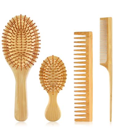 EKONAER 4 PCS Bamboo Hair Brush Set With Natural Wooden Wide-tooth and Tail Comb Big and Mini Paddle Detangling Hairbrush for Women men kids and Baby Thick Thin Curly Straight Dry