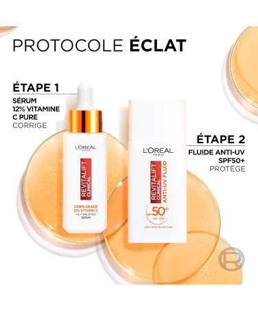 L Or al Paris - Anti-Aging Vitamin C Facial Routine Set - 12% Pure Vitamin C Serum & Anti-UV Sun Fluid SPF 50+ - Anti-Wrinkle - Revitalift Clinical - Buy Online on GoSupps.com