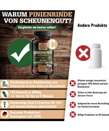 Pine Bark Extract 475mg + Vitamin C | 150 Capsules | 95% OPC | 25:1 Extract | Premium Quality by Scheunengut  - Buy Online on GoSupps.com