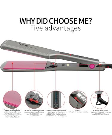 K&K 2.24 Inch Extra Wide Plate Hair Straighteners | Pro-Ceramic Coating Titanium Flat Iron for Women | Five-Speed Temperature Control | UK Plug | Silver - Buy Online on GoSupps.com