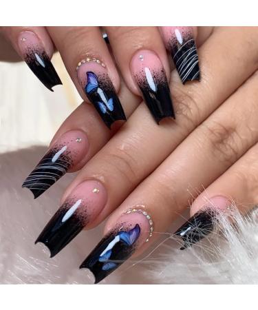 Justotry 24 pieces coffin nails for sticking with butterfly black French artificial nails ballerina artificial nails press on nails coffin fingernails finger nails medium for women black & butterfly 1
