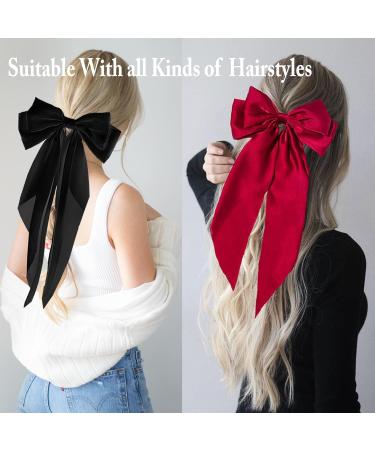 2 Pcs Big Hair bow Hair Bows for Women Bow Hair Clip Elegant Solid Color French Barrette Bows For Hair With Long Silky Satin Hair Barrettes Accessories Bow Hair Clips for Women Girl(Black+Red) - Buy Online on GoSupps.com