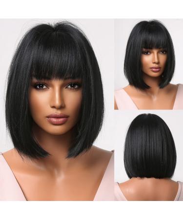 AWEE Black Short Bob Wigs with Bangs for Women Natural Straight Synthetic Hair Wig Like Real Human Hair for Daily Wear Cosplay Costume Wedding Office Halloween Party Wig 10 Inch +1 Wig Cap