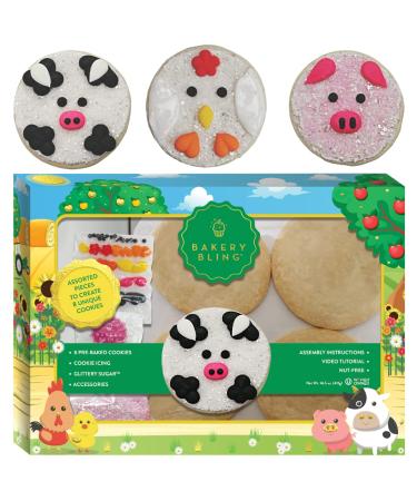 Cookie Decorating Kit for Kids - Designer Sugar Cookie Kit - 8 Pre-Baked Cookies, Cookie Icing, Glittery Sugar and Edible Decorations for Pig, Cow, and Chicken Cookies - Nut Free - Made in USA Farm Animal Cookie Decoratin