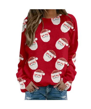 Women's Christmas Sweatshirts Cute Snowman Penguin Print O-Neck Raglan Top Shirt Pullover Comfy Warm Xmas Jumper Winter Long Sleeve Tops Loose Tunic Top Sweaters Z38-red M