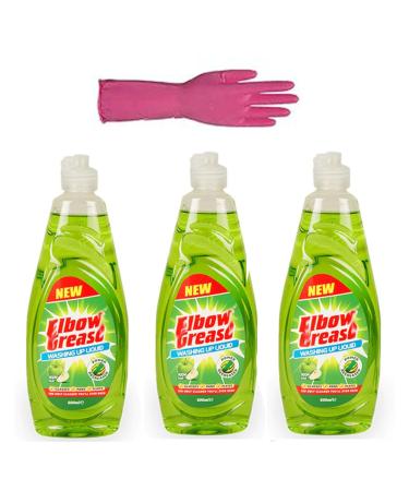 3 x 600ML Elbow Grease Washing Up Liquid Fresh Power Degreaser Works On Glasses Pans And Plates Plus Dirty Scrubbers Gloves