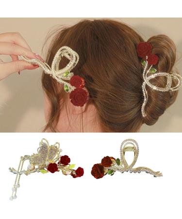 Souarts butterfly hair clip big thick hair metal hair clips for girls women non -slip hair jaw clips hair claws hairstyling accessories (gold red rose 2) 1 pack