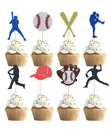 UXYOKM 24Pcs Baseball Cupcake Toppers Glitter Baseball Players Cupcake Picks Baby Shower Kids Birthday Sport Theme Party Cake Decorations Supplies