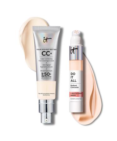 IT Cosmetics CC+ Cream with SPF 50+ Natural Finish Full Coverage Foundation (Fair Porcelain - 1.08 fl oz) & Do It All Radiant Concealer Multivitamin Serum Makeup (110 Fairest Neutral - 0.2 fl oz)