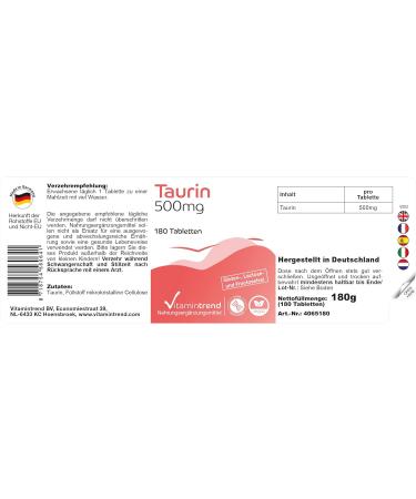 Taurine 500mg - 180 Tablets | Vegan High-Dose Supplement | 6-Month Supply | Buy Online at Vitamintrend  - Buy Online on GoSupps.com
