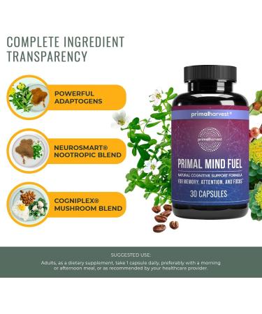 Primal Harvest Primal Mind Fuel Brain Supplement - 30 Capsules for Focus, Energy, Clarity, and Memory - Nootropic Brain Support for Men and Women - Buy Online on GoSupps.com