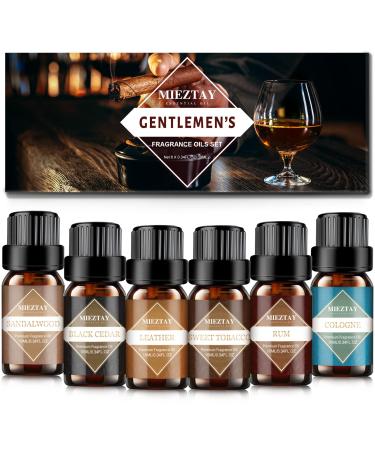 Mens Essential Oils Set - TOP 6 Gentlemen's Fragrance Oil for Diffuser, Candle & Soap Making - Sandalwood, Cologne, Black Cedar, Leather, Sweet Tobacco, Bay Rum Essential Oil Kit for Men (10mL)