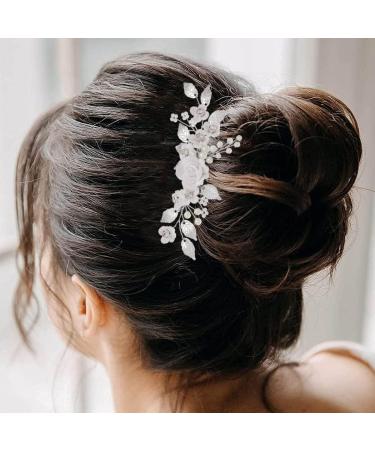 Edary Bride Flower Wedding Hair Comb Silver Pearl Headpiece Leaf Wedding Side Comb Bridal Hair Accessories for Women and Girls - Buy Online on GoSupps.com