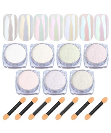7 Colors White Pearl Chrome Nail Powder - BISHENGYF Aurora Metallic Nail Chrome Powder Holographic Mirror Effect Chrome Powder Iridescent Shell Powder Glitter Nail Pigment Powder D-Aurora