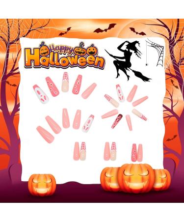 Coffin Halloween False Nails - 24Pcs Pink French Fake Nails with Skull & Eyes Pattern for Women and Girls - Buy Online on GoSupps.com