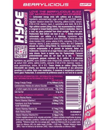 Hype Energy BUZZ MarshMallow Madness Energy Drink - 24x250ml | Caffeine, Taurine, and B-Vitamins | Vegan & Gluten Free | Berrylicious Marshmallow Flavor - Buy Online on GoSupps.com