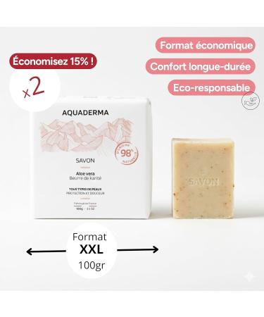  Aquaderma Solid Soap with Organic Shea Butter & Aloe Vera Pack of 2 x 100g - 98% Natural Origin & Made in France - Protection & Softness - All Skin Types - Buy Online on GoSupps.com