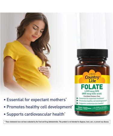 Country Life Folate 800 mcg (Folic Acid) Supports Healthy Cell Development & Heart Health Prenatal Support for Women 100 Tablets Certified Gluten-Free Vegetarian Kosher - Buy Online on GoSupps.com