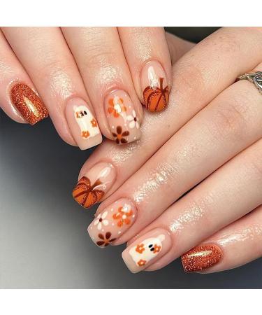 24Pcs Halloween Press on Nails Short Square Fake Nails Cute Ghost with Flower Design False Nails Glitter Pumpkin French Tip Glue on Nails Yellow Glossy Full Cover Artificial for Women Decorations Tips Halloween Fake Nails-14