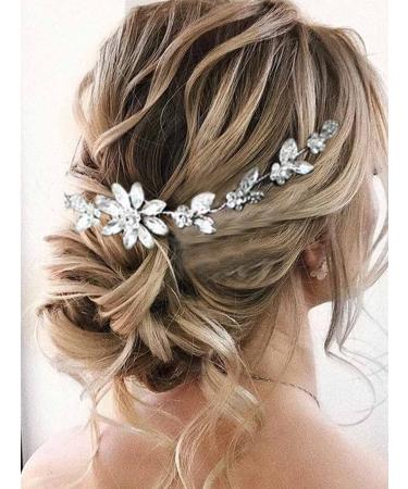 Unsutuo Crystal Bride Wedding Hair Vine Silver Flower Bridal Hair Headpiece Rhinestone Hair Pieces for Women and Girls