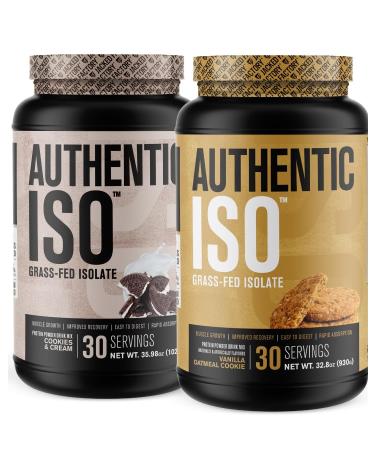 Jacked Factory Authentic ISO Grass Fed Whey Protein Isolate Powder - Low Carb Non-GMO Muscle Building Protein w/No Fillers (Cookies & Cream 30sv) & (Vanilla Oatmeal Cookie 30sv)