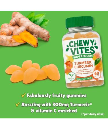 Chewy Vites Adults Superfoods Turmeric Gummies - 60 ct | 300mg Turmeric, 100% RI Vitamin C, Vegan & Real Fruit Juice - Buy Online on GoSupps.com