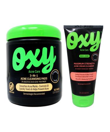 Oxy Acne Care Kit: 3-in-1 Cleansing Pads with 2% Salicylic Acid 90 Pads + Maximum Strength Acne Cream Cleanser with 10% Benzoyl Peroxide 5 fl oz (1 Each)