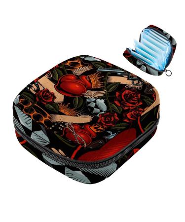 Menstruation pad bag with zipper women's napkin bag tampons collective bags for women and girls (love heart pistol rose pattern)