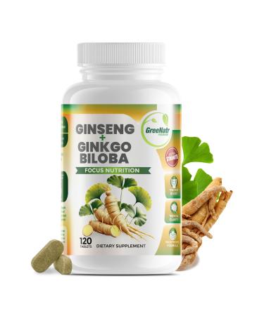 GreeNatr Ginko Biloba & Panax Ginseng Supplement - Red Ginseng Brain Supplement for Memory and Focus - Ginkgo Biloba Supplements for Good Vision Immune System and Improved Blood Flow - 120 Tablets 120 Count (Pack of 1)