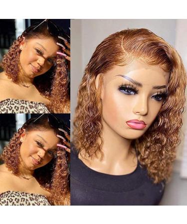 Short Curly Wave Human Hair Lace Front Bob Wigs with Baby Hair for Black Women Pre Plucked Brazilian Virgin Hair Brown Honey Blonde Color Side Part Wig 150% Density 12 Inch 12 Inch 13X4 Lace Honey Blonde Color