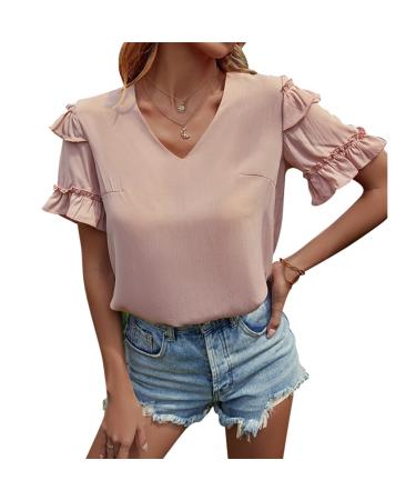 Short Sleeve Shirt Soft Loose Ruffled Bell Sleeve Vneck Casual Blouse for Women for Office Work Pink Large
