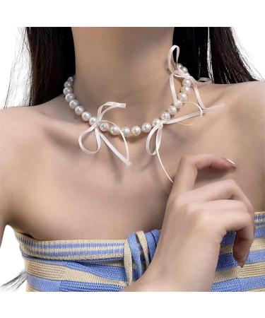 Buy OralGos Elegant Bow Necklace with Pearls | Short Clavicle Chain & Statement Jewelry in White - International Shipping Available - Buy Online on GoSupps.com