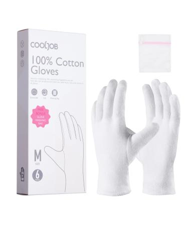 COOLJOB White Cotton Gloves for Women and Men 6 Pairs Eczema Gloves with a Free Wash Bag 100% Cotton Moisturising Protective Gloves for Dry Hands Jewelry Inspection (6 Pairs Size S-M)