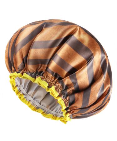 Mikimini shower hood for women and men 2-pack double waterproof shower hood for girls and children reusable washable golden stripes fashionable shower hoods 2 stripes (2-pack) strip