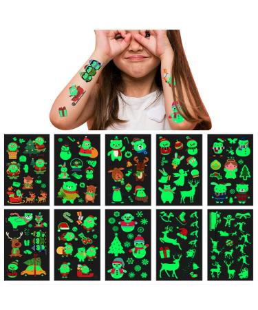 Glow in The Dark Christmas Temporary Tattoos for Kids - Santa, Reindeer, Snowman & More | 10 Sheets 120PCS Holiday Party Supplies - Buy Online on GoSupps.com