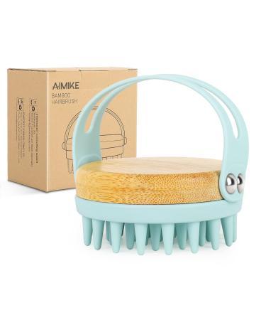 AIMIKE Hair Scalp Massager Shampoo Brush, Bamboo Scalp Scrubber w/ Silicone Bristles, Scalp Brush Dandruff Remover Head Exfoliator, Wet Dry Hair Scrubber for Hair Growth, Deep Care for Scalp (Blue) Bamboo Shampoo Brush-Blue